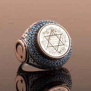 925 Ayar Gümüş Erkek Yüzük, Mavi Turkuaz, Hilal Ay ve Süleyman Yıldızı Tasarımı - Görsel 3