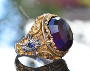 Yapay Ametist Taşlı Gümüş Büyük Şovalye Yüzüğü, Altın Kaplama - Görsel 4