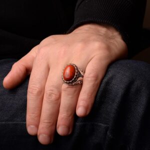 Gerçek Doğal Kan Taşı Taşlı, El Yapımı Yüzük, Sterling Gümüş Erkek Yüzüğü - Görsel 7