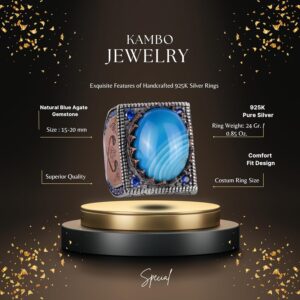 Gerçek Doğal Mavi Akik Taş Yüzük - 925 Ayar Gümüş İslami Yüzük - El Yapımı Hat Yüzük - Görsel 2