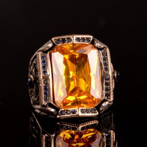 925 Ayar Gümüş Erkek Yüzük, Oval Taş Yüzük, Oluşturulmuş Sitrin Yüzük - Görsel 5