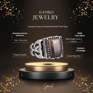 925 Ayar Gümüş Yüzük, Gerçek Doğal Pirit Taşı Yüzük, Kare Şekilli Pirit Yüzük - Görsel 2