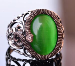 Zarif Yılan Süslemeli 925 Ayar Gümüş Erkek Taş Yüzük Koleksiyonu - Çeşitli ve Canlı (Jade Kedi Gözü Yapay Taş) - Görsel 3