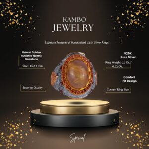 Gerçek Doğal Taş Yüzük - Sultan Yüzüğü - 925 Ayar Gümüş Yüzük (Altın Rutilli Kuvars) - Görsel 2