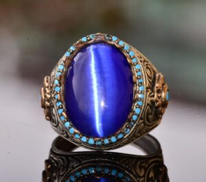 Sterling Gümüş Erkek Kral Yüzük - Yapay Mavi Göz Taşı - Görsel 3