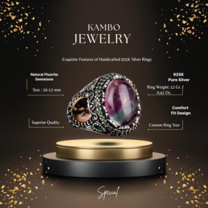 Gerçek Doğal Florit Taşlı Yüzük, Minimalist Yüzük, El Yapımı Yüzük, 925 Ayar Gümüş Yüzük Erkekler İçin - Görsel 2