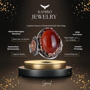 Doğal Kırmızı Akik Taş Yüzük, Aslan Başı Erkek Yüzüğü - 925 Ayar Gümüş Yüzük Erkekler İçin - Görsel 2