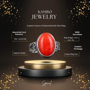 925 Ayar Gümüş Erkek Yüzük, Doğal Taş Yüzük, Kırmızı Mercan Taşı, Gümüş Takı, Mercan Taşı Yüzük - Görsel 2