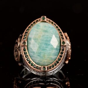 Gerçek Doğal Amazonit Taş Yüzük, Erkek Yüzüğü, 925 Ayar Gümüş Yüzük, El Yapımı Yüzük - Görsel 6