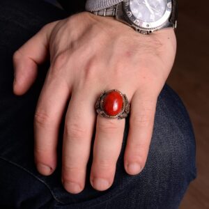 Gerçek Doğal Mercan Taşı Yüzük, Pençe Yüzük El Yapımı Yüzük, 925K Gümüş Yüzük Erkekler İçin - Görsel 6