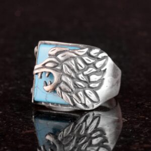 925 Ayar Gümüş Yüzük, Aslan Yüzüğü, Turkuaz Taşı, 925 Ayar Gümüş Aslan Yüzüğü Oluşturulmuş Turkuaz Taşı ile - Görsel 4