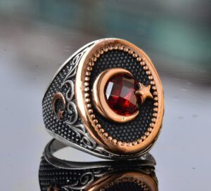 Hilal Yıldız Yüzük, Ay ve Yıldız Yüzüğü, Kırmızı Taşlı Erkek Gümüş Yüzük, 925 Ayar Gümüş Yüzük - Görsel 4