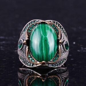 Gerçek Doğal Malakit Taş Yüzük - 925 Ayar Gümüş El Yapımı Yüzük - Taş Takı - Görsel 4