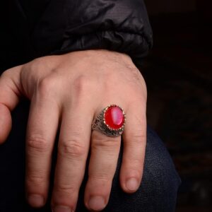 Vintage Erkek 925 Ayar Gümüş Yüzük Druzy Kuvars, Kırmızı - Görsel 6