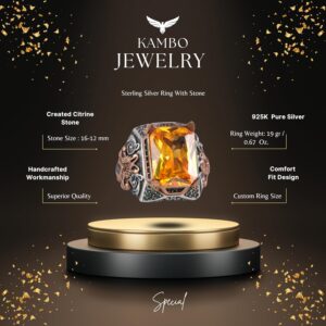 Sterling Gümüş Erkek Yüzük ile Yapay Sitrin Taşı – Vintage Tasarım – El Yapımı İfadesel Yüzük - Görsel 2