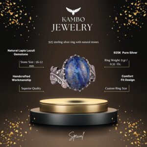 Gerçek Doğal Lapis Lazuli Taşlı, Bohem Vintage Tasarımlı Gümüş Kadın Yüzüğü - Görsel 2