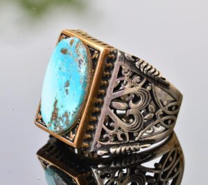 Doğal Arizona Turkuaz Taşlı Erkek Yüzük - Gümüş - Görsel 4