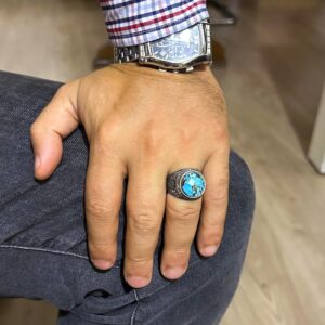 Gerçek Doğal Turkuaz Taşlı, Ayrıntılı Çiçek Tasarımlı Gümüş Erkek Yüzük - Görsel 3