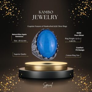 Gerçek Doğal Taş Yüzük - Gül Desenli Yüzük - 925 Ayar Gümüş Yüzük - El Yapımı Büyük Yüzük (Mavi Ağaç) - Görsel 2