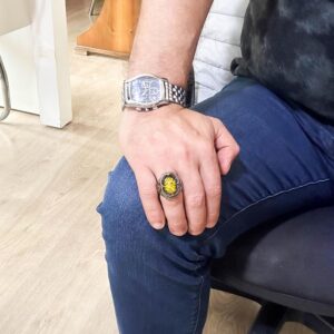 Şık El Yapımı 925 Ayar Gümüş Erkek Yüzüğü, Yapay Açık Sarı Amber Taşı) - Görsel 3
