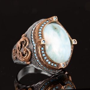 Gerçek Doğal Larimar Taşı Erkek Yüzük, Bizans Erkek Yüzüğü, 925 Ayar Gümüş Yüzük - Görsel 5