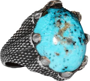 Gümüş Erkek Yüzük - Arizona Turkuaz Doğal Taş - Şahin Pençesi Tasarımı (Model-1) - Görsel 1