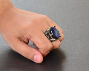 Doğal Cabochon Safir Taşlı Erkek Yüzüğü, 925 Ayar Gümüş Kartal Pençesi Tasarımı - Görsel 7