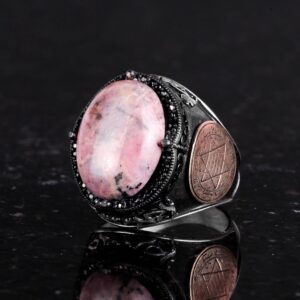 Gerçek Doğal Rodonit Taş Yüzük, Gümüş Süleyman Mühürü Yüzüğü, 925 Ayar Katı Gümüş Erkek Yüzüğü - Görsel 6