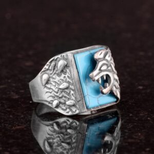 925 Ayar Gümüş Yüzük, Aslan Yüzüğü, Turkuaz Taşı, 925 Ayar Gümüş Aslan Yüzüğü Oluşturulmuş Turkuaz Taşı ile - Görsel 3