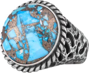 Gerçek Doğal Turkuaz Taşlı Gümüş Erkek Yüzüğü, Cesur Hamur Tasarımı - Görsel 1