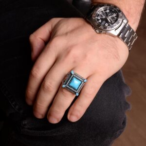 925 Ayar Gümüş Turkuaz Taşlı Erkek Yüzük - Vintage Tarzı, El Yapımı Takı - Görsel 3