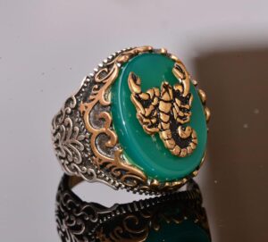 925 Ayar Gümüş Yüzük - Semboller Yüzüğü - Yeşil Akik Taşı Yüzük (Akrep) - Görsel 3