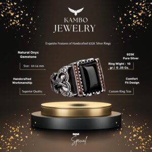 Gerçek Doğal Obsidyen Taş Yüzük, 925 Ayar Gümüş Erkek Yüzük - Görsel 2