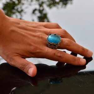 El Yapımı Şahin Pençesi Tasarım Yüzük, Oluşturulmuş Mavi Kedi Gözü Taşı - 925 Ayar Gümüş Erkek Takısı - Görsel 6