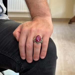 Doğal Yakut Taşlı Yüzük, Aslan Başlı Yüzük - 925 Ayar Gümüş Yüzük - Görsel 3