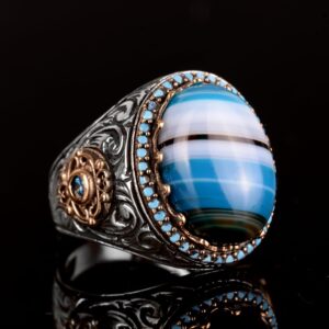 Doğal Mavi Akik Taşı Yüzük, 925 Ayar Gümüş Yüzük, Erkek Yüzüğü - Görsel 7