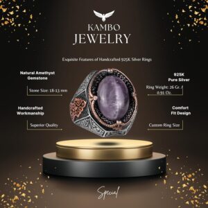 El Yapımı Ametist Taş Yüzük - Spiritüel 925K Katı Sterlin Gümüş Erkek Yüzük, Sezgi ve Koruma Tasarımı - Görsel 2