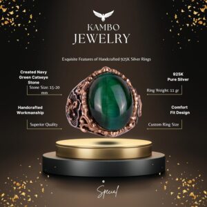 Gümüş Halka Kaptan Yüzük, Yapay Taş Yüzük, 925 Ayar Sterlin Gümüş Yapay Taş Yüzükler - Farklı ve Çeşitli Koleksiyon (Koyu Yeşil Kedi Göz Yapay Taş) - Görsel 2