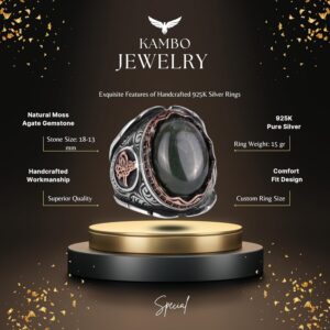 925 Ayar Katı Gümüş Erkek Yüzük, Yosunlu Akik Taş Yüzük, Osmanlı Tuğra Taş Yüzük - El Yapımı Şıklık - Görsel 2
