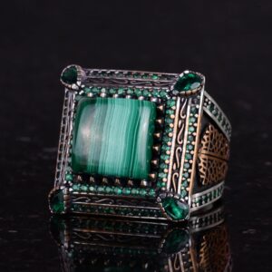 925 Ayar Gümüş Erkek Yüzük, Doğal Malakit Taşı ile - Lüks ve Farklı Tasarım (Malakit) - Görsel 6