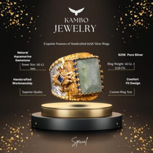 Doğal Akuamarin Taşlı El Yapımı Yüzük, Altın Kaplama Sterlin Gümüş Erkek Yüzüğü - Sakinlik ve Cesaret Sembolü - Görsel 2