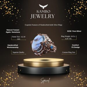 Gerçek Doğal Yemeni Akik Taşı Yüzük, Sultan Tasarımı, 925 Ayar Gümüş Erkek Yüzük Altın Kaplama - Görsel 2
