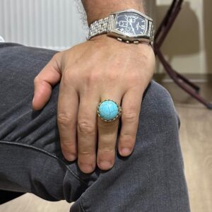 925 Ayar Gümüş Yüzük - Kral Yüzük - Yapay Taş Yüzük - El Yapımı Yüzük (Yapay Turkuaz) - Görsel 3