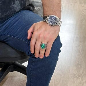 Doğal Malakit Taşlı Yüzük, 925 Ayar Sıkı Gümüş Erkek Yüzüğü - Görsel 3