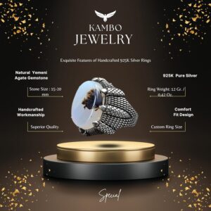 Sterling Gümüş Erkek Yüzük, Gerçek Yemen Ağaç Agat Taşı Yüzük, Kartal Pençesi Tasarımı - Görsel 2