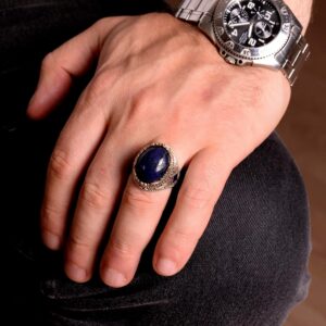 El Yapımı Sterlin Gümüş Erkek Yüzük | Gerçek Doğal Cabochon Safir Taşı | Şık ve Zamansız Tasarım - Görsel 6