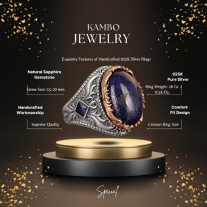 El Yapımı Sterlin Gümüş Erkek Yüzük | Gerçek Doğal Cabochon Safir Taşı | Şık ve Zamansız Tasarım - Görsel 2