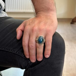 Gümüş Hayvan Aslan Yüzüğü, El Yapımı Azurit Taş Yüzüğü - Gizemli 925K Katı Gümüş Erkek Yüzüğü - İçgörü ve Netlik Tasarımı - Görsel 3