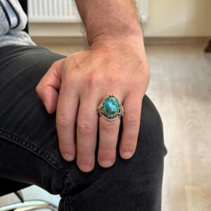 925 Ayar Katı Gümüş Erkek Yüzük, Gerçek Doğal Krysokolla Taşı Yüzük, Aslan Başı Yüzük - Görsel 3