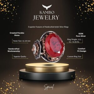 925 Ayar Gümüş Yüzük, Kırmızı Paraiba Yapay Taş Yüzük, Aslan Sembol Yüzük - Görsel 2